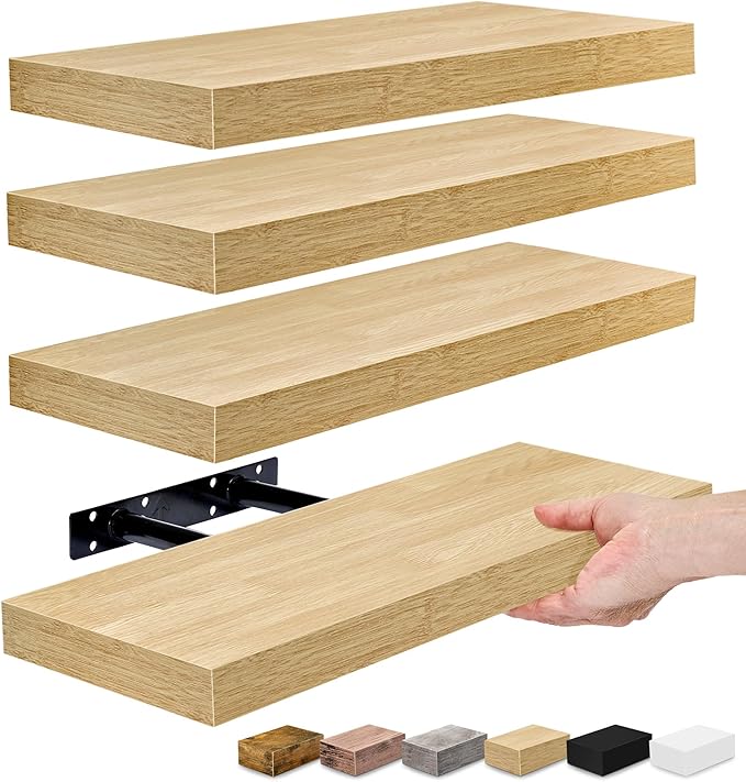Sorbus Floating Shelves for Wall, Bathroom Shelves Wall Mounted for Kitchen, Bedroom, Living Room, Bathroom Storage, Over Toilet, Hanging Book Shelf for Wall Home Decor (Maple Wood, 4 Pack)