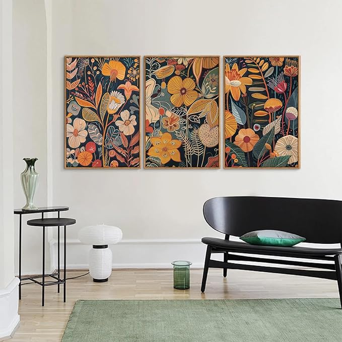 SIGNINART Orange Floral Framed Canvas Wall Art Set of 3, Mid Century Modern Flower Wall Decor, Neutral Plant Artwork, Boho Botanical Art Prints for Bedroom Living Room Office 16"x24"x3