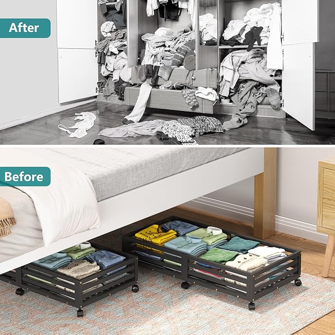 Bamboo Under Bed Storage Containers- Underbed Organizer with Wheels with Large Dust Bag,Sturdy Wood Rolling Under the Bed Shoe Storage Organizer Drawer 2 Packs (Black, Long)