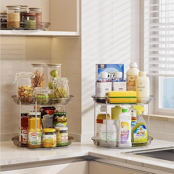 LAMU 2 Pack 2 Tier Lazy Susan Turntable Organizer 10.6'' Rotating Spice Rack Organization for Cabinet, Kitchen, Pantry, Countertop, Bathroom, Vanity, Medicine Cabinet Organizer, Grey