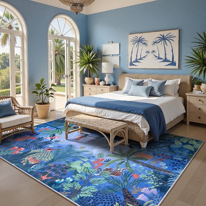 LIVEBOX Washable Bedroom Rug 8x10 Under Bed, Modern Stain Resistant Botanical Rug for Living Room Playroom Kids Boy Room, Non-Slip Jungle Forest Print Rugs for Nursery Baby