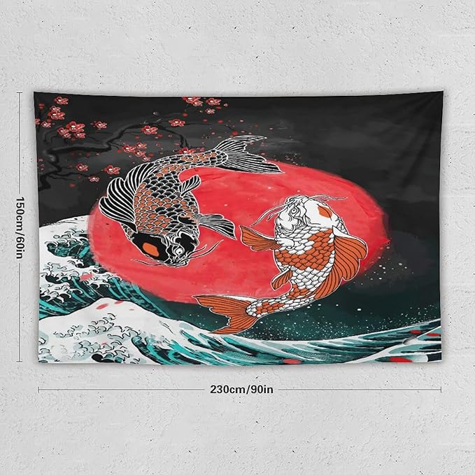 Houselerax Koi Fish Tapestries,Japanese Style Yin Yang Big Wave Cherry Blossoms Tapestry Wall Hanging for Bedroom Living Room Office Decor 90"x60"