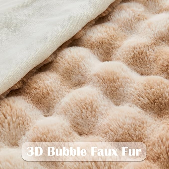 NEWCOSPLAY Faux Fur Twin Blanket Tie-dye Beige Luxury Fluffy Thick Warm Bubble Blanket for Couch Sofa Bed 700GSM (Tie-dye Beige, Twin(60"x80"))