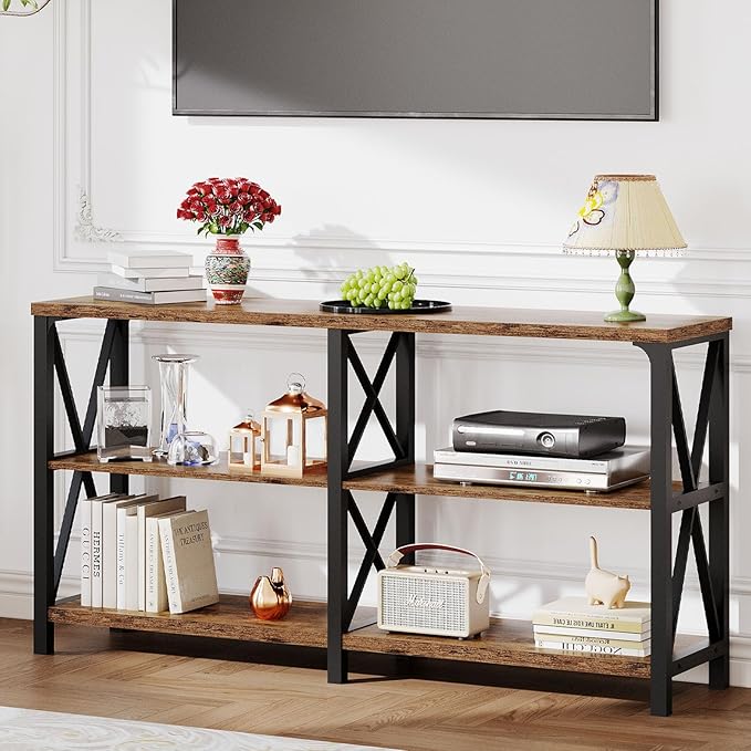 LVB Wood Console Table, Rustic 3 Tier Sofa Table Behind Couch, Industrial Metal Entryway Table with Storage Shelf, Farmhouse Wooden Foyer Hallway Table for Entry Living Room, Rustic Brown, 55 Inch