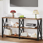 LVB Wood Console Table, Rustic 3 Tier Sofa Table Behind Couch, Industrial Metal Entryway Table with Storage Shelf, Farmhouse Wooden Foyer Hallway Table for Entry Living Room, Rustic Brown, 55 Inch