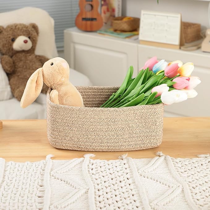 Small Storage Baskets for Organizing | Closet Organizer Bins | Shelf Toy Basket | Woven Rope Baskets | Cube Decorative Box | Shallow Basket | 11.5x7.5x4.7” | 3 Packs Mixed Brown
