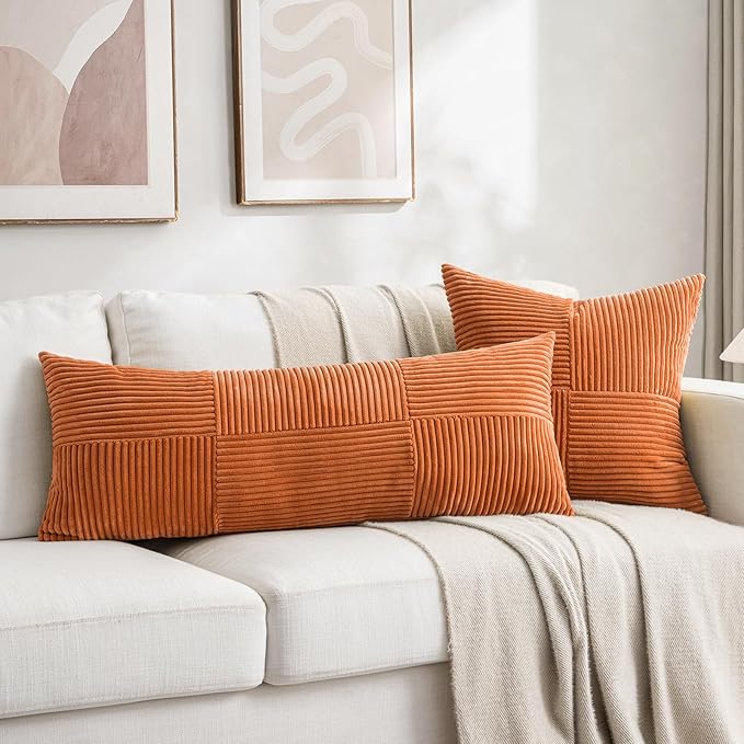 Fancy Homi 2 Packs Burnt Orange Decorative Throw Pillow Covers 18x18 Inch for Living Room Couch Bed Sofa, Farmhouse Boho Home Decor, Soft Corss Corduroy Patchwork Textured Accent Cushion Case 45x45 cm