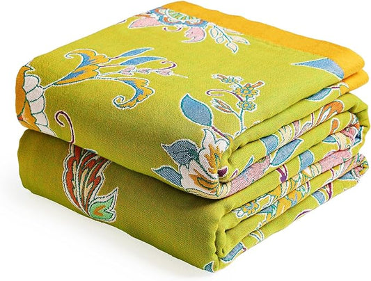 Boho Throw Blanket 80" x 90", 100% Organic Cotton Breathable Ultra Soft Bed Quilt Throw - All Season Luxury Floral Farmhouse Decor Blanket for Sofa Couch Chair and Gift. Green/Blue