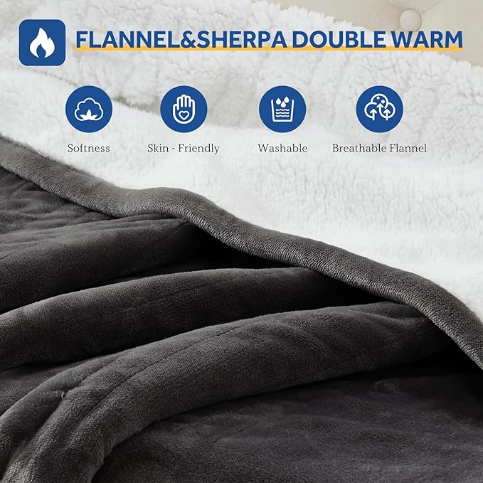 Sealy Electric Blanket King 100"*90",Super Cozy Flannel to Sherpa Reversible Heated Blanket King Size with 10 Heating Levels & 1-12 Hours Auto Off Overheating Protection Machine Washable,Charcoal