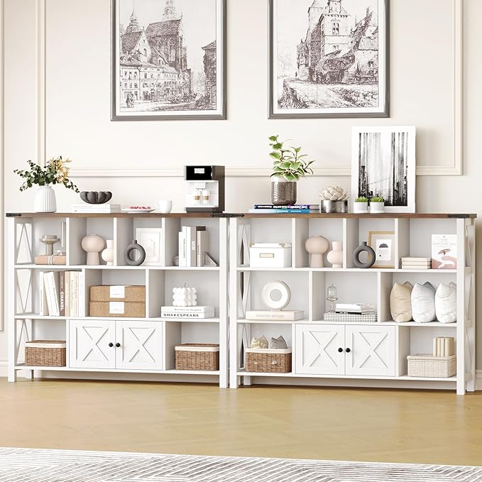 11 Cube Storage Organizer Bookshelf, Wooden Open Cube Shelf Bookcase, Farmhouse Display Book Shelf, 3 Tier Cube Bookshelves with Storage, Rustic White