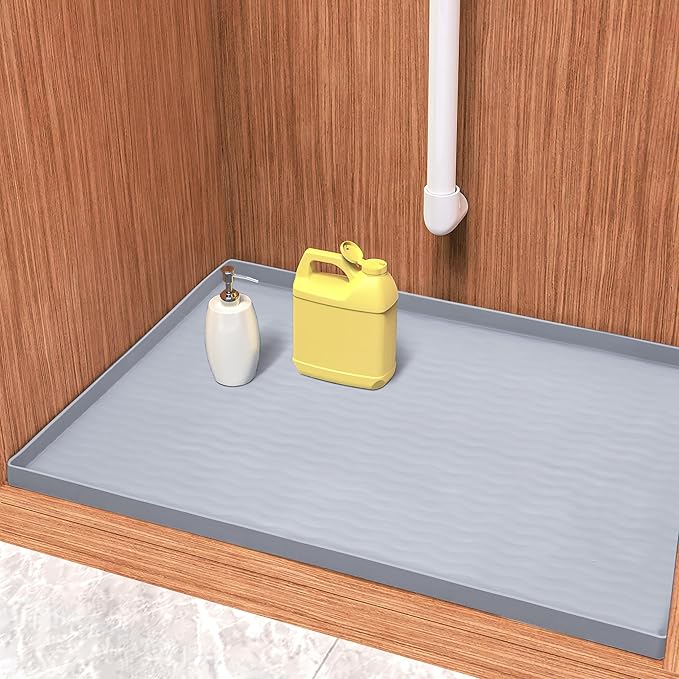 URMONA Waterproof Silicone Under Sink Mat 37'' x 22'' Shelf Liner for Kitchen and Bathroom, Cabinet and Counter Protector, Storage and Organizers, Litter Mat, Pet Cat Puppy Essentials(Light Grey)