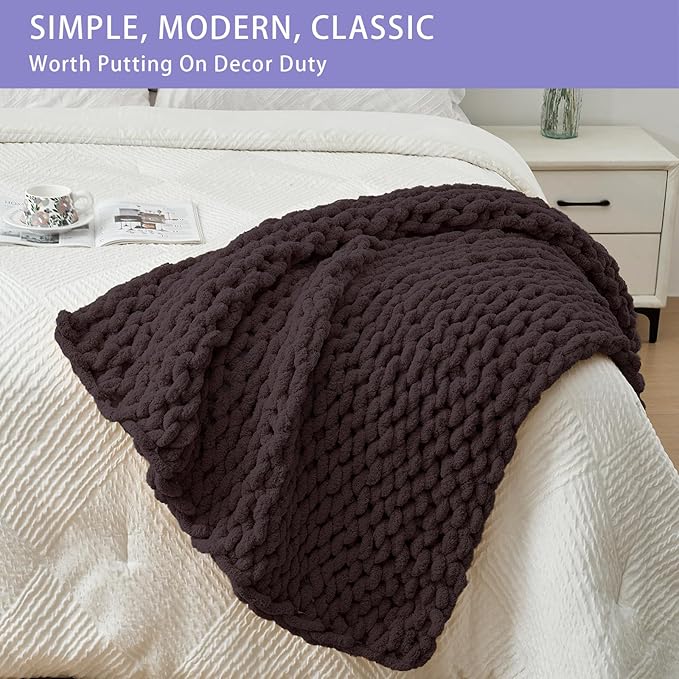 Bigacogo Chunky Knit Throw Blanket for Couch, 40x40 inches, 100% Hand Knitted with Thick Jumbo Chenille Yarn, Cozy Soft Large Rope Knot Cable Crochet Blankets for Sofa Bed Living Room, Chocolate