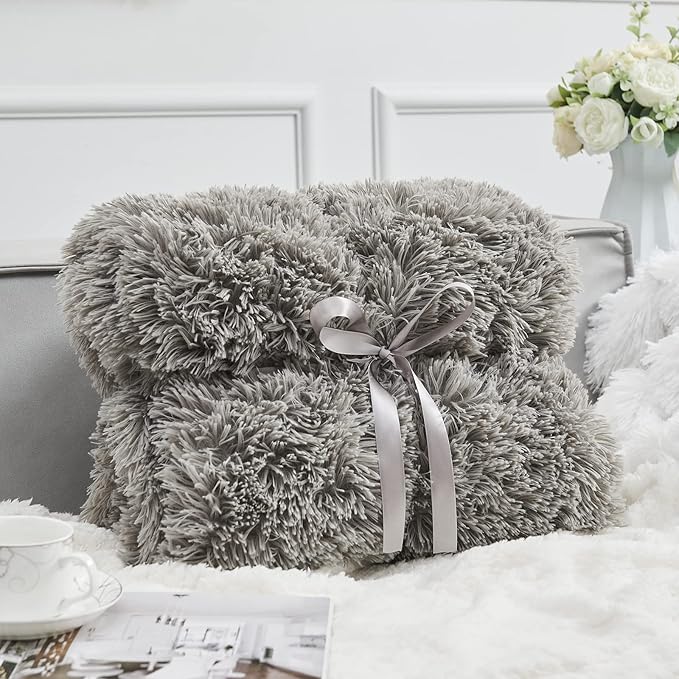 GONAAP Fuzzy Faux Fur Throw Blanket Twin Size Light Grey Super Soft Cozy Plush Fuzzy Shaggy Blanket for Couch Sofa Bed (Light Grey, Twin(60"x80"))