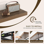 RICHFOCUS 16Inch Floating Shelves for Wall 2 Pack Shelves for Bedroom|Kitchen|Bathroom Wall Mounted Rustic Wood Floating Shelf with Invisible Brackets for Books|Storage|Decor, Walnut