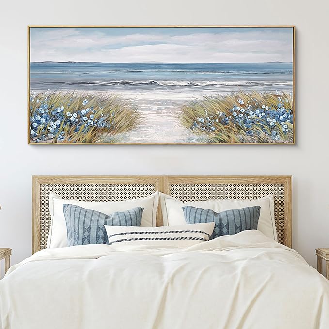 XLSJERST Extra Large Framed Wall Art for Living Room Decor - Farmhouse Boho Beach Coastal Vintage Floral Ocean Wall Picture Flowers Sea Canvas Print Artwork for Home Bedroom Office