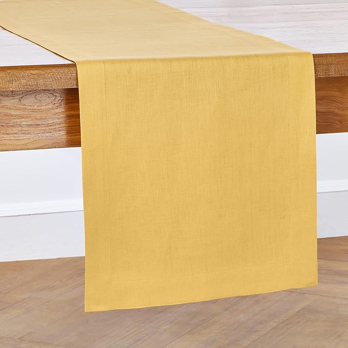 Solino Home Linen Table Runner 90 Inches Long - 100% Pure Linen Mustard Yellow Table Runner 14 x 90 Inch - Fete