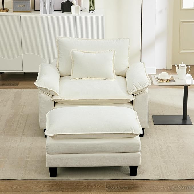 URRED Modular Sectional Sofa Comfy Cloud Couch, Modern Chenille Sofa Sleeper Deep Seat Couches with Ottoman/Pillows for Living Room (White, 53''- Ottoman)