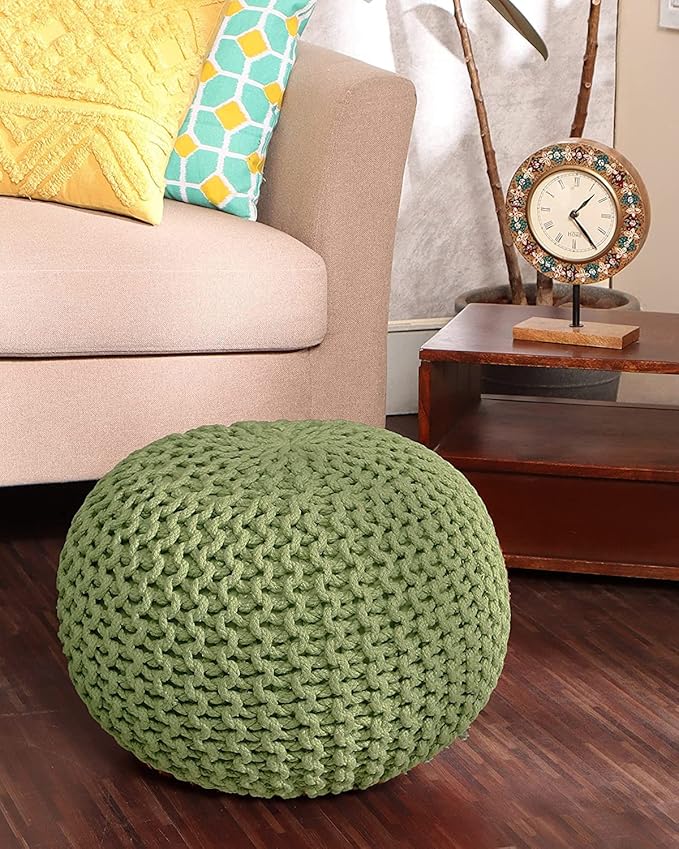 REDEARTH Round Pouf Foot Stool Ottoman - Cotton Knitted Cord Boho Pouffe - Cable Poof Filled Footrest Stuffed for Living Room - Nursery - Bedroom - Patio - Lounge (19.5"x19.5"x14") - Kiwi