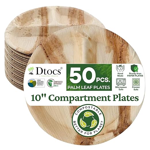 Dtocs 3 Compartment Plates (50 Pc) Palm Leaf 10 Inch Round Portion Control Buffet Sectional Plate | Bamboo Plates Disposable Like Compostable Camping Dinnerware Stronger than Divided Paper, Styrofoam