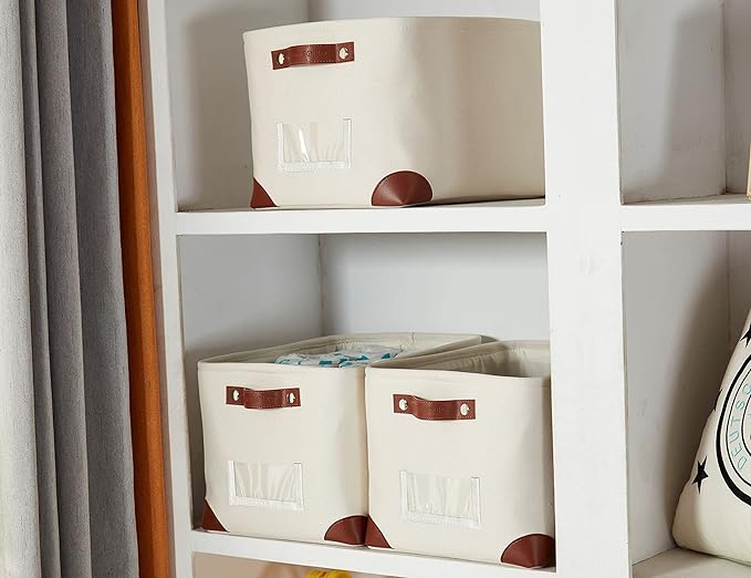 DECOMOMO White Storage Bins Fabric Storage Baskets for Shelves & Linen Closet Organization (Creamy White W/Label holder, Large - 3 Pack)