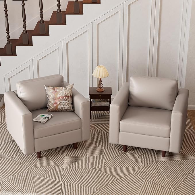 Faux Leather Oversized Accent Chair with Storage Deep Seat Single Sofa Large Reading Armchair for Living Room Bedroom Office Whitesand Set of 2