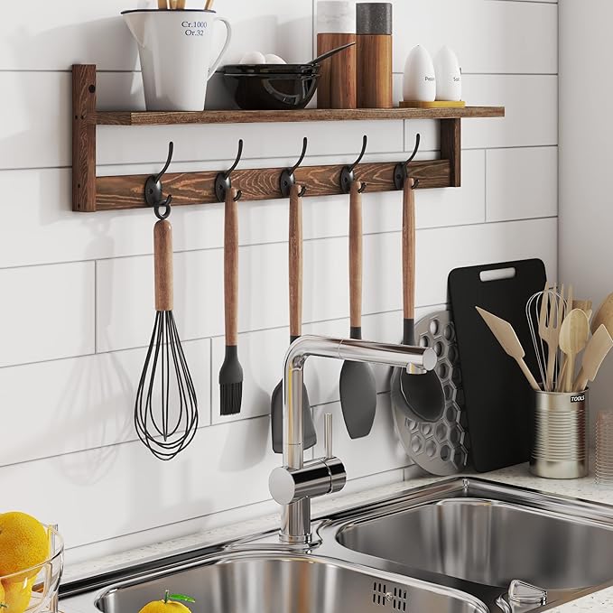 BAMEOS Wall Mounted Coat Rack with Adjustable Easy Install, Rust Proof, Brown Wooden Material, 28.9 Inch Length