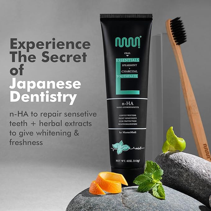 MasterMedi Charcoal Toothpaste with Nano Hydroxyapatite – Fluoride Free, SLS Free, Sensitive Whitening, Enamel Support, Spearmint Flavor, Dentist Recommended, 4 oz (Pack of 1)