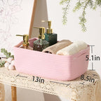 Small Storage Baskets for Organizing | Closet Organizer Bins | Shelf Toy Basket | Woven Rope Baskets | Cube Decorative Box | Shallow Basket | 13x8.5x5.1” | 3 Packs Pink