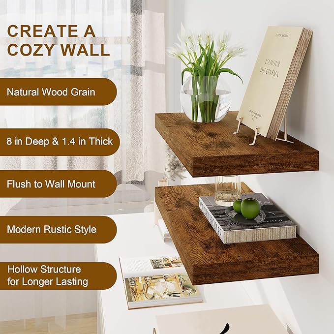 Fun Memories Floating Shelves for Wall, 8 Inch Deep Floating Wall Shelf, 16" x 8" Floating Shelves - Set of 2, Rustic Wooden Storage Shelves for Bathroom, Living Room, Kitchen, Rustic Brown Color