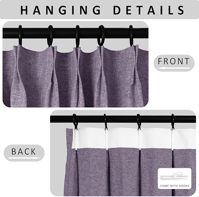 Macochico Pinch Pleated Blackout Linen Curtains 96 Inches Long 100% Light Blocking Burlap Curtains for Bedroom Living Room Thermal Window Panels with Tieback 72”Wx96”L Violet 1 Panel