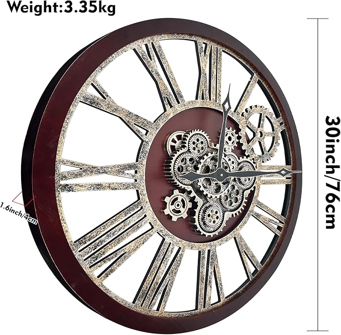 The B-Style Large Real Moving Gears Wall Clock 30 inch Rustic Retro Industrial Farmhouse Wood Clock Oversized Decorative Vintage Wall Clocks for Living Room (Cherry red and Bronze