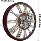 The B-Style Large Real Moving Gears Wall Clock 30 inch Rustic Retro Industrial Farmhouse Wood Clock Oversized Decorative Vintage Wall Clocks for Living Room (Cherry red and Bronze