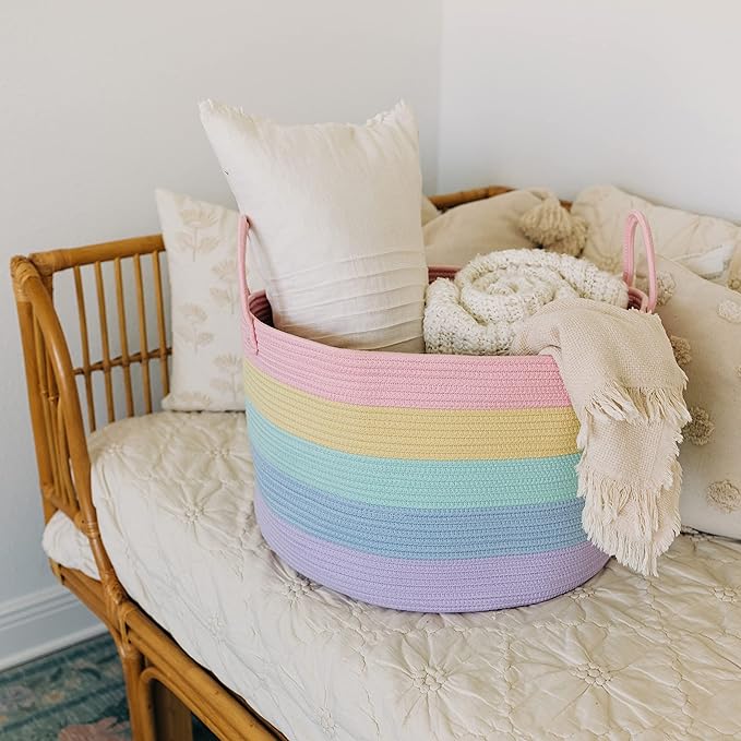 OrganiHaus Cute Basket for Pastel Rainbow Classroom Decor 20x13, Toy Basket Storage for Kids Room, Toy Bins for Kids Organizer, Large Blanket Basket Living Room, Rainbow Storage Bins, Nursery Hamper