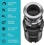 KRAUS WasteGuard 1/2 HP Continuous Feed Ultra-Quiet Motor Garbage Disposal with Quick Connect Mount, Power Cord and Flange Included, KWD110-50MBL