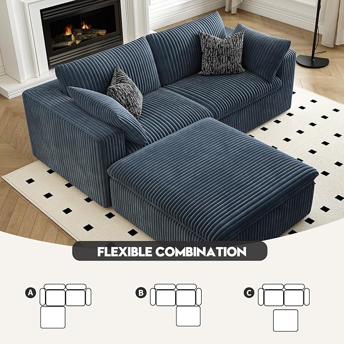 LoveSeat Cloud Couch Modular Sectional Sofa for Living Room,Modern Sofa with Deep Seat，2 Seater Boneless Couch with Ottoman,Comfy Upholstered Couches for Apartment, Studio, Office,Bedroom，Blue