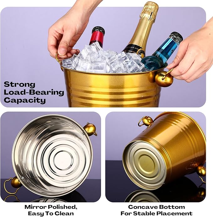 Amyhill 8 Pack Stainless Steel Ice Bucket 5.3 Quart/ 5 Liter with Handle Large Insulated Champagne Buckets Beer Bucket for Cocktail Bar Wine Parties Chilling Wine Champagne Home(Gold)