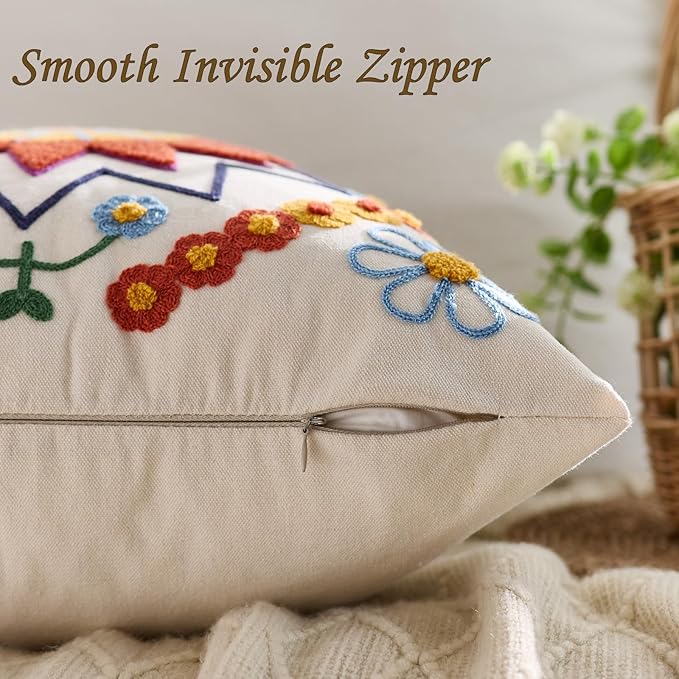 Embroidered Throw Pillow Cover 18x18 Classic Fall Boho Floral Pattern Pillows Cover Outdoor Decorative Pillowcase,Durable Cozy Textured Cushion Case for Sofa Couch Bed Living Room,Orange