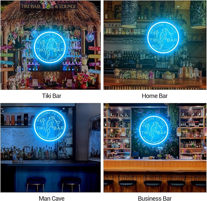 Tiki Bar Neon Sign for Bar Wall Decor, Timing Dimmable LED Neon Bar Lights, 3D Engraving Tiki Parrot Summer Light Up Signs for Home Pub Man Cave Club Restaurant Bistro Party, 12x12 Inch