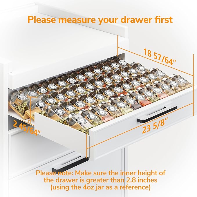 AMBIRD Bamboo Spice Drawer Organizer with Non-slip Mat,4 Tier - 2 Set Jar Spice Rack Tray From 12''to 24'',Hold up 48 Jars Seasoning Organizer for Kitchen,Cabinet,Drawers,Countertop