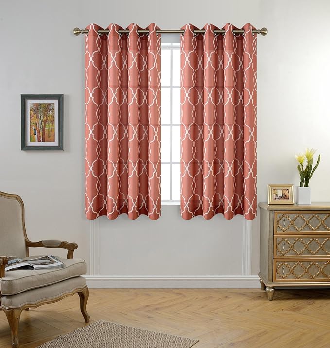 MIUCO Moroccan Embroidered Semi Sheer Curtains Faux Linen Grommet Window Curtains for Girls Room 52 x 63 Inch 2 Panels, Rust