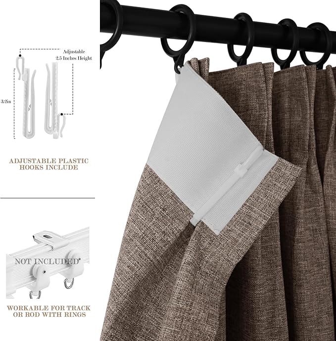 100% Blackout Linen Textured Drapes for Bedroom Pinch Pleated Curtains for Track System Portable Drapery for Sliding Glass Door/Storage/Space Room Divider, 70" Wx84 L, 1 PC, Light Brown