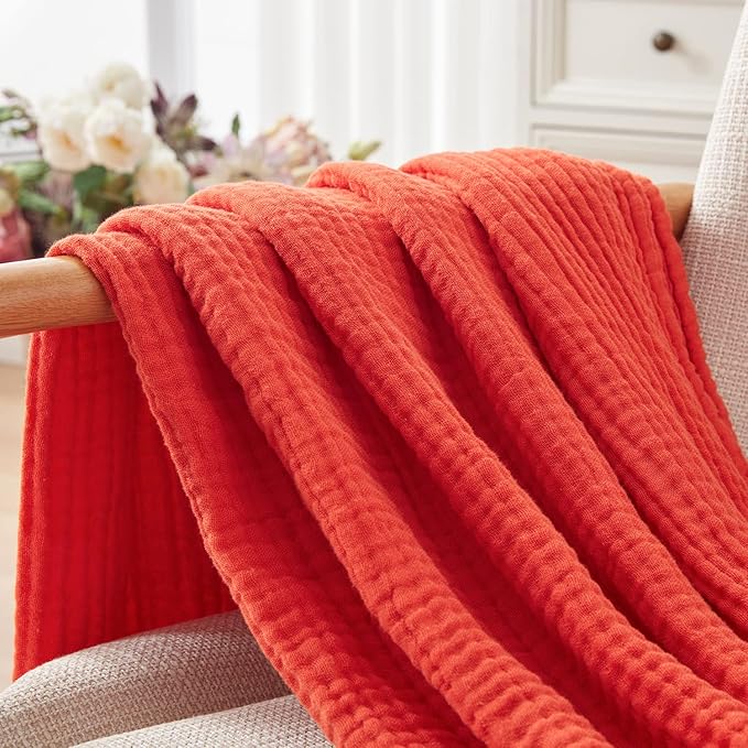 EMME Cotton Blanket Queen Size for Bed Soft Large Muslin Bed Blankets 90"x90" Lightweight Breathable All Season Gauze Blanket, Orange Rust