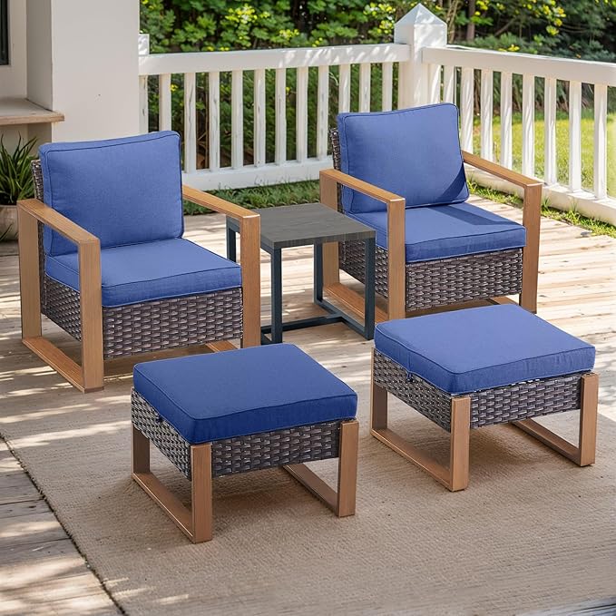 Outdoor Wicker Patio Furniture Set - 5 Piece Patio Conversation Set with 2 Wicker Armrest Chairs,2 Rattan Ottoman, 1 Side Table, Sturdy Frame, Thick Cushions, Deep Seating(Brown/Blue)