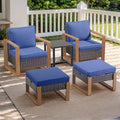 Outdoor Wicker Patio Furniture Set - 5 Piece Patio Conversation Set with 2 Wicker Armrest Chairs,2 Rattan Ottoman, 1 Side Table, Sturdy Frame, Thick Cushions, Deep Seating(Brown/Blue)