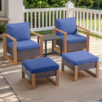 Outdoor Wicker Patio Furniture Set - 5 Piece Patio Conversation Set with 2 Wicker Armrest Chairs,2 Rattan Ottoman, 1 Side Table, Sturdy Frame, Thick Cushions, Deep Seating(Brown/Blue)