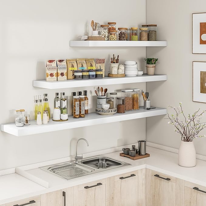 RICHFOCUS 72Inch Floating Shelves for Wall 1 Pack Shelves for Bedroom|Kitchen|Bathroom Wall Mounted Rustic Wood Floating Shelf with Invisible Brackets for Books|Storage|Decor, White