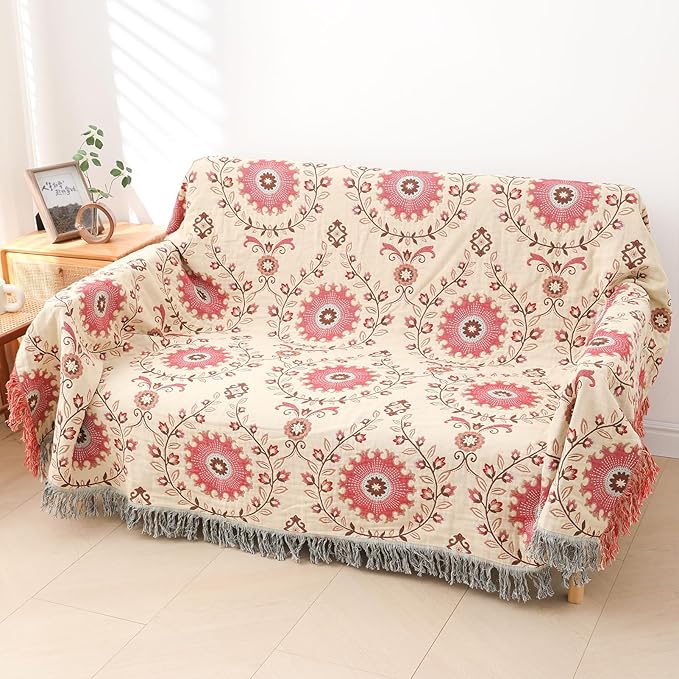 Snycler Boho Throw Blanket for Bed - 100% Cotton Ultra Soft Rustic Quilt - Pink Boho Floral Printed Farmhouse Decor Bed Blankets, 80"×90" All Season Rustic Throw for Sofa Couch Chair