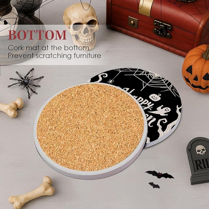 Coaster for Drinks Set of 6, Happy Halloween Pumpkin Spider Web Black Absorbent Round Ceramic Stone Mat, with Cork Base and Metal Holder, Gift for Housewarming Room Bar Decor