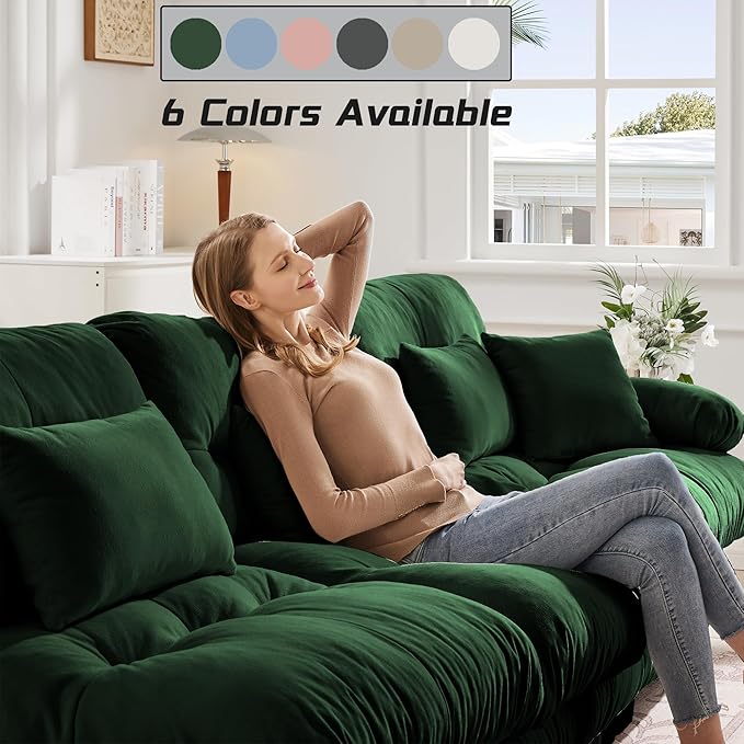 Modular Sectional Sofa, Comfy Cloud Couch 3 Seater Couch, Sectional Couches for Living Room, Modern Chenille Oversized Couches for Bedroom, Sleeper Deep Seat Sofa with Throw Pillows, Green