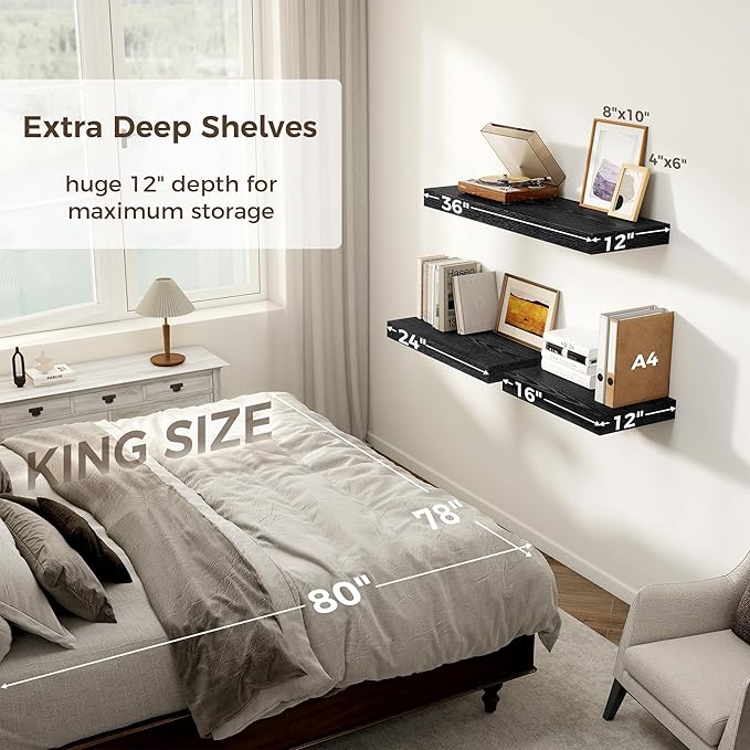 Black Floating Shelves 36 Inch Long, 12 Inch Deep Floating Shelves for Wall, 36 x 12 Shelves for Wall Storage & Display, 2" Thick Floating Shelf for Bathroom, Living Room, Bedroom, Set of 2